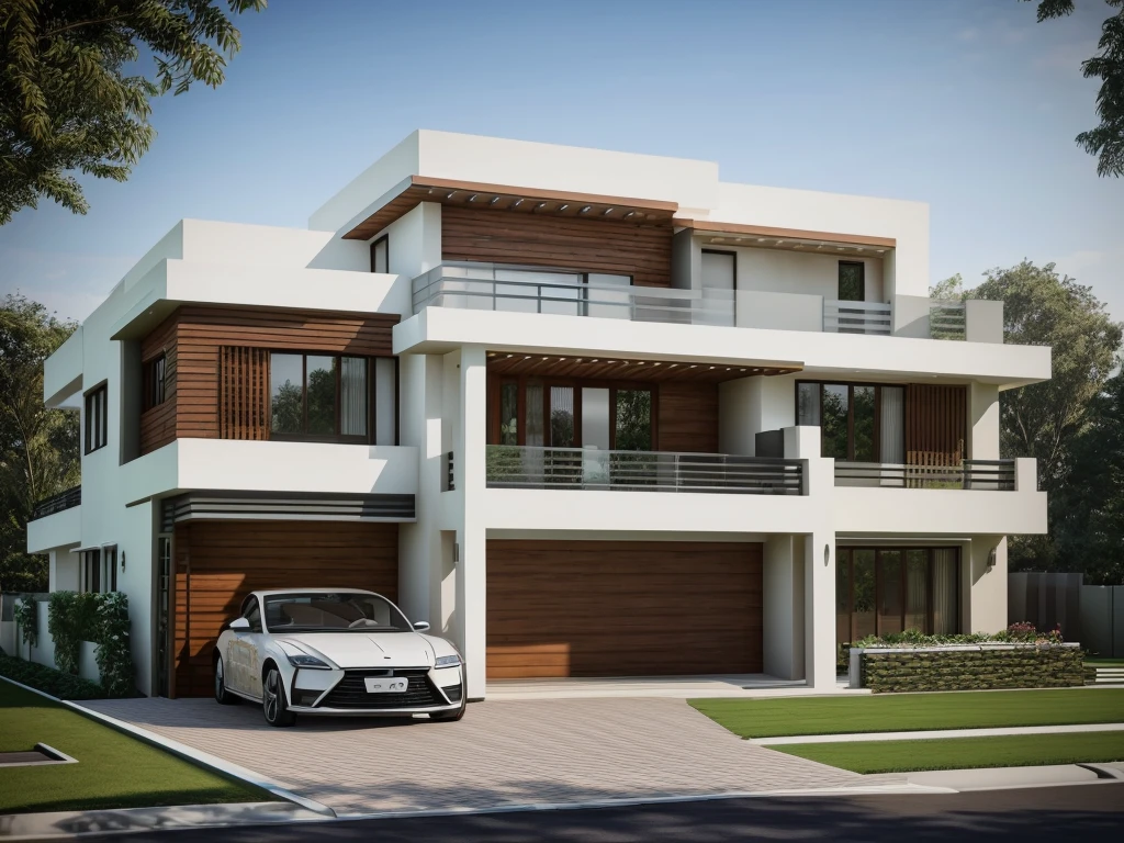 a rendering of a modern house with a car parked in front of it, lumion render, exterior design, lumion rendering, high quality rendering, residential design, contemporary house, concept house, inter dimensional villa, architectural rendering, rendered in lumion pro, modern house in the wood, high-quality render, architectural visualization, beautifully detailed render, architectural render