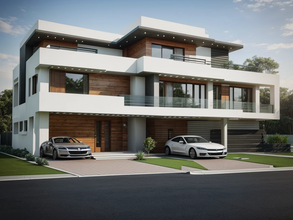 a rendering of a modern house with a car parked in front of it, lumion render, exterior design, lumion rendering, high quality rendering, residential design, contemporary house, concept house, inter dimensional villa, architectural rendering, rendered in lumion pro, modern house in the wood, high-quality render, architectural visualization, beautifully detailed render, architectural render