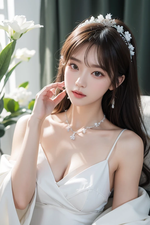 best quality、masterpiece、high resolution、1.girl、White porcelain soft satin dress、White Dress，White robe，Exquisite hair accessories、Beautiful necklace、detailed jewellery、Pretty Face、physically、action、Flat and slim body，Large Breasts，Tyndall effect、Realistically、周围有White flowers、White flowers，Edge lighting、周围有White flowers、Two-color lighting、（High Detail Skin：1.2）、8K, Ultra HD、Digital SLR Camera、Soft Light、high quality、Volumetric Light、、Light Solution、high resolution、4K、8K、Background blur，