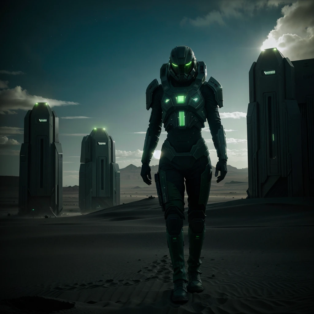 Scene of a futuristic war on a desertic sci fi planet lot of details, realistic, dark cinematic lights cinematic lights best quality,4k,8k,highres, t Dark and green landscapeatmosphere that conveys sadness, 8k, ultra realistic, dramatic lighting.
