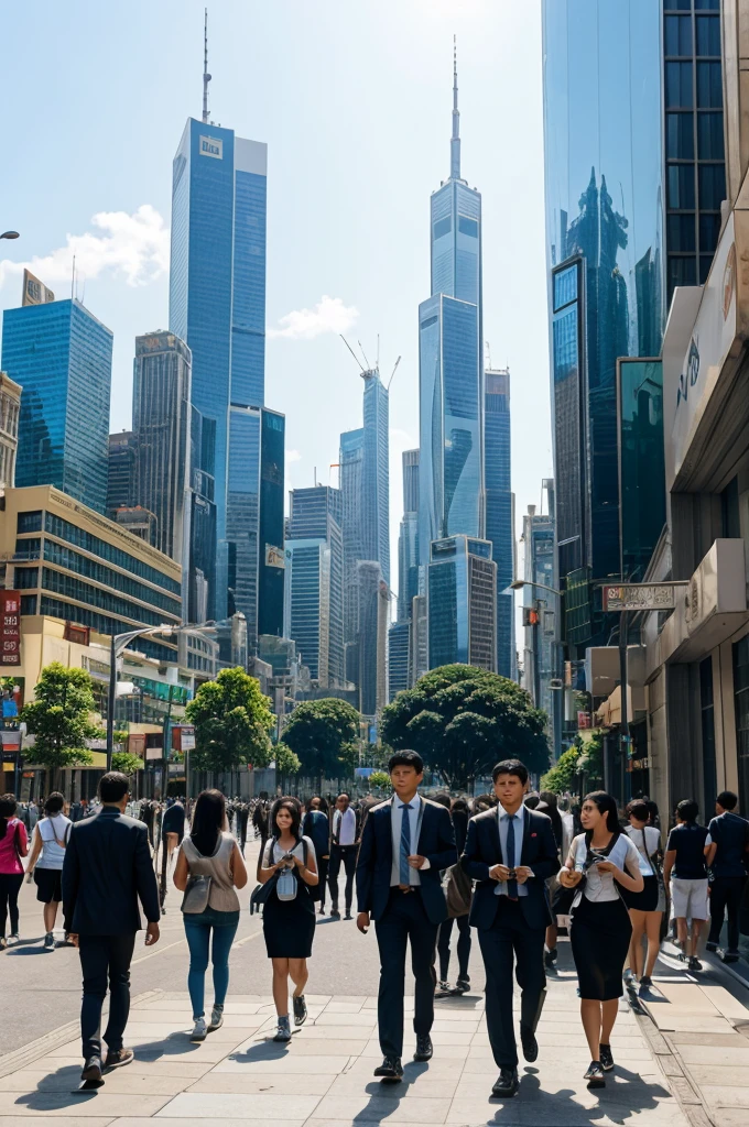 Image: A bustling cityscape with skyscrapers and a diverse crowd of young people walking on the sidewalks.