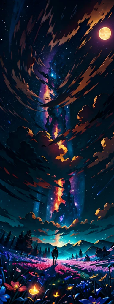expansive landscape photograph , (a view from below that shows sky above and open field below), a girl standing on flower field looking up, (full moon:1.2), ( shooting stars:0.9), (nebula:1.3), distant mountain, tree BREAK
production art, (warm light source:1.2), (Firefly:1.2), lamp, lot of purple and orange, intricate details, volumetric lighting BREAK
(masterpiece:1.2), (best quality), 4k, ultra-detailed, (dynamic composition:1.4), highly detailed, colorful details,( iridescent colors:1.2), (glowing lighting, atmospheric lighting), dreamy, magical, (solo:1.2)