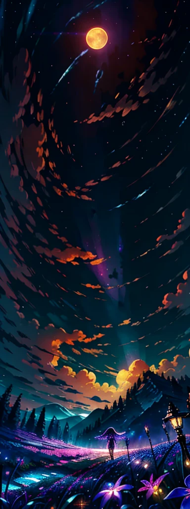 expansive landscape photograph , (a view from below that shows sky above and open field below), a girl standing on flower field looking up, (full moon:1.2), ( shooting stars:0.9), (nebula:1.3), distant mountain, tree BREAK
production art, (warm light source:1.2), (Firefly:1.2), lamp, lot of purple and orange, intricate details, volumetric lighting BREAK
(masterpiece:1.2), (best quality), 4k, ultra-detailed, (dynamic composition:1.4), highly detailed, colorful details,( iridescent colors:1.2), (glowing lighting, atmospheric lighting), dreamy, magical, (solo:1.2)