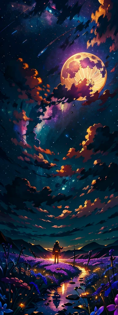 expansive landscape photograph , (a view from below that shows sky above and open field below), a girl standing on flower field looking up, (full moon:1.2), ( shooting stars:0.9), (nebula:1.3), distant mountain, tree BREAK
production art, (warm light source:1.2), (Firefly:1.2), lamp, lot of purple and orange, intricate details, volumetric lighting BREAK
(masterpiece:1.2), (best quality), 4k, ultra-detailed, (dynamic composition:1.4), highly detailed, colorful details,( iridescent colors:1.2), (glowing lighting, atmospheric lighting), dreamy, magical, (solo:1.2)