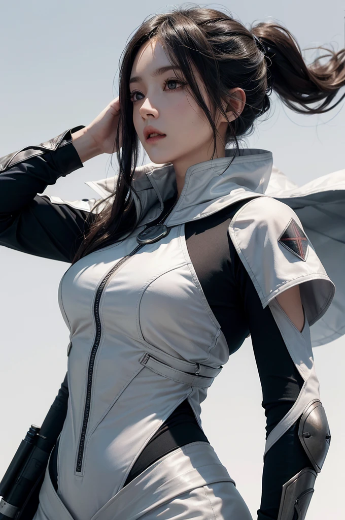 Female Assassin Futuristic Cloth design, detailed fabrics, Whole Body, on white background (natural skin texture, hyperrealism, soft light, sharp)