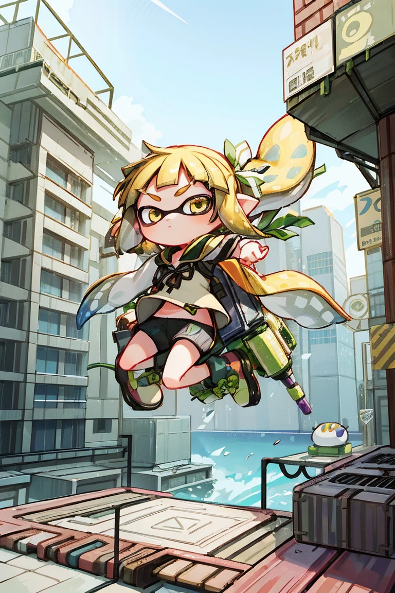 (masterpiece、Highest quality、High resolution、Official Art:1.2)、Real Anime、3d、Chibi、Look at the viewers、Golden Eyes、(Chiquita,With the Splatoon girl))、(Parkour Wear,Prism Gradient Tentacle Hair)(leaping from a building! ︎)(Showing off parkour! ︎),Mysterious Island、light group),floating colorful air、(2D:1.5)
