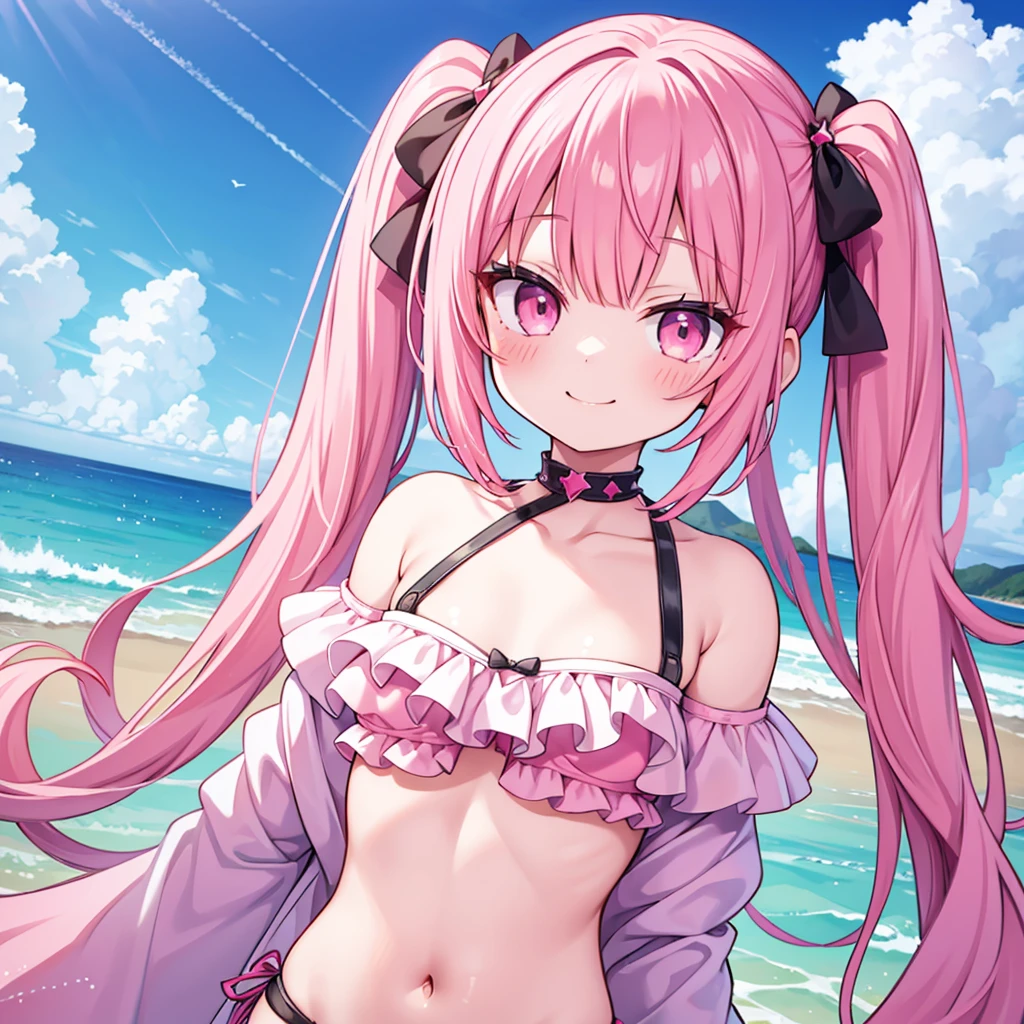 masterpiece, best quality, hyper detailed, 1girl, evil smiling, looking at viewer, 1girl, evil smiling, looking at viewer,flat chest,small breasts,pink hair,twintails,middle hair,pink eyes,with star-shaped eyes,bikini,sea,