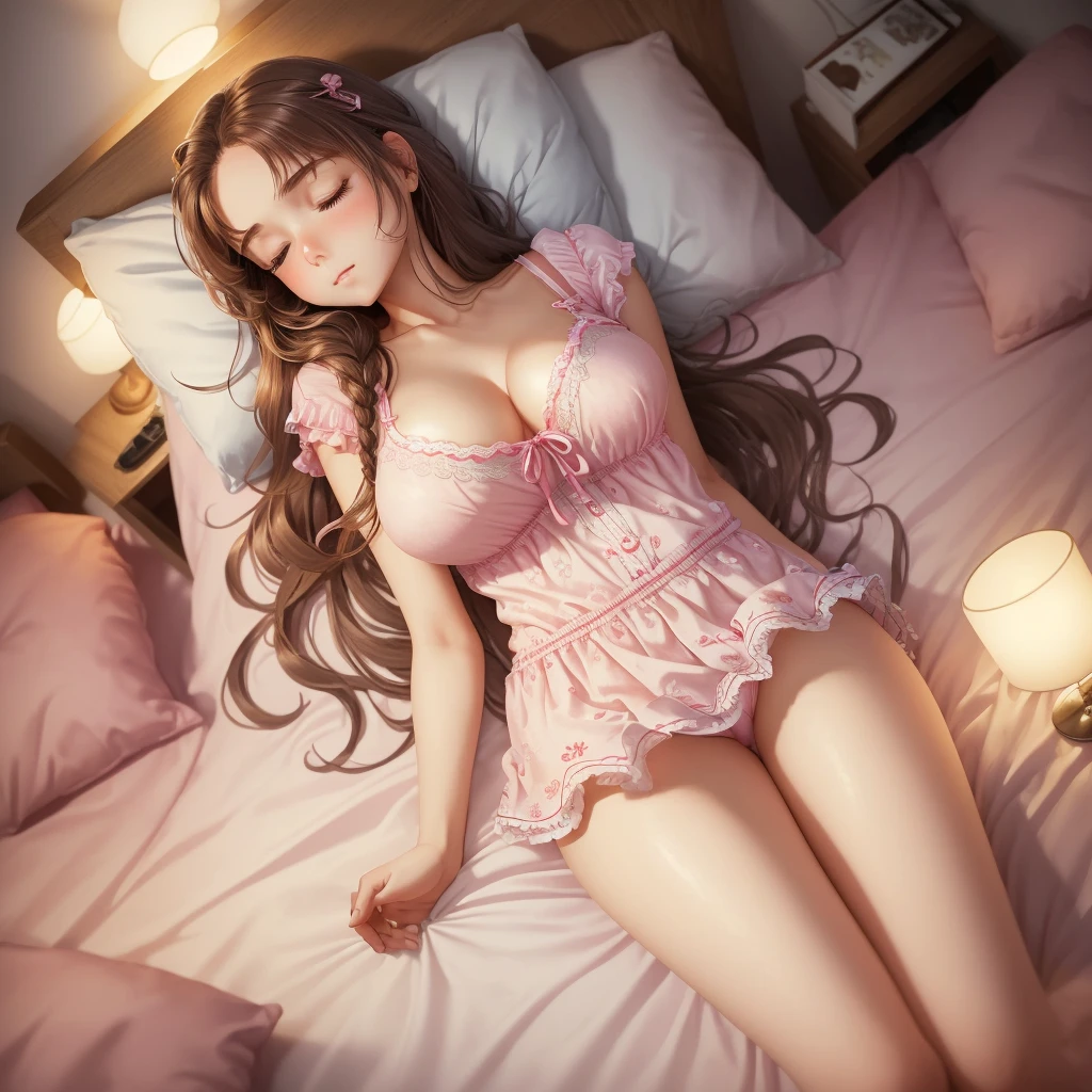 (realisitic, best qualityer) A quiet scene in a bedroom with a sleeping girl in her late thirties. Her long brown hair cascades onto the pillow as she rests peacefully. She is dressed in a babydoll with cleavage on her big breasts and a pink mini skirt, Wearing short mini skirt . The room is softly lit, creating a calming and relaxing atmosphere. High-resolution image captures every detail, from the intricate design of the pajamas to the individual strands of hair. The colors are vivid, enhancing the overall realism of the scene. The focus is sharp, allowing a clear view of the girl's face. Lighting is carefully adjusted to replicate the heat, cozy atmosphere of a real room.