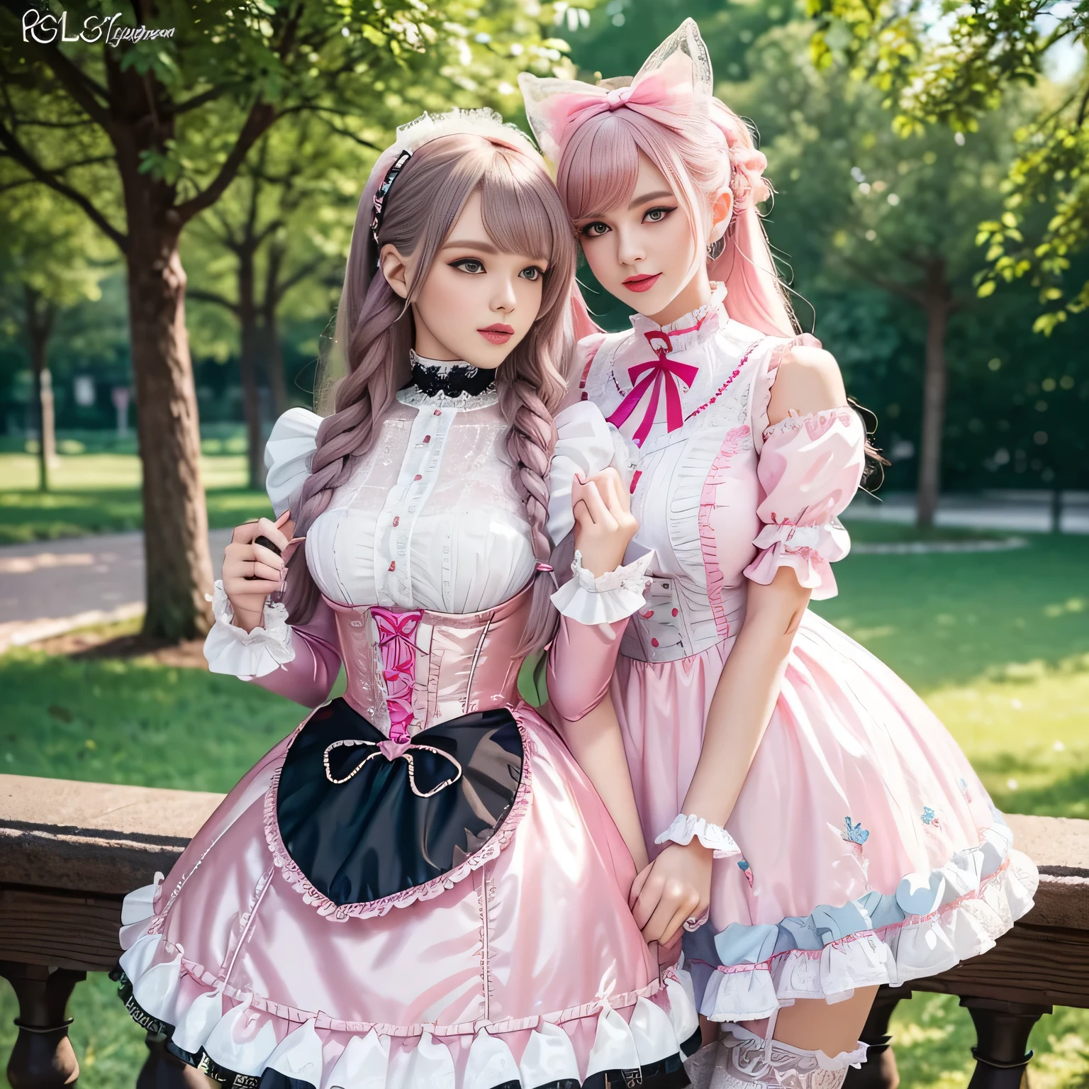 sexy stylish Russian model, only 1 female, ((doll-like appearance)), long neon pink stylish hair, ((shiny Victorian-Style boots)), (big smile), ultra detailed eyes, very detailed eye makeup, lipgloss, long lashes, defined eyebrows, ((sexy Sweet Lolita cosplay)), bell-shaped skirt, petticoats, high neckline, puffed sleeves, ((ultra detailed lace)), ((ultra detailed embroidery)), intricate details, animals, fairy tales, heart-shaped bag, Sweet Lolita accessoires, large bow, Sweet Lolita choker, ((large sparkling Sweet Lolita jewelry)), cinematic light, detailed large park background with trees 