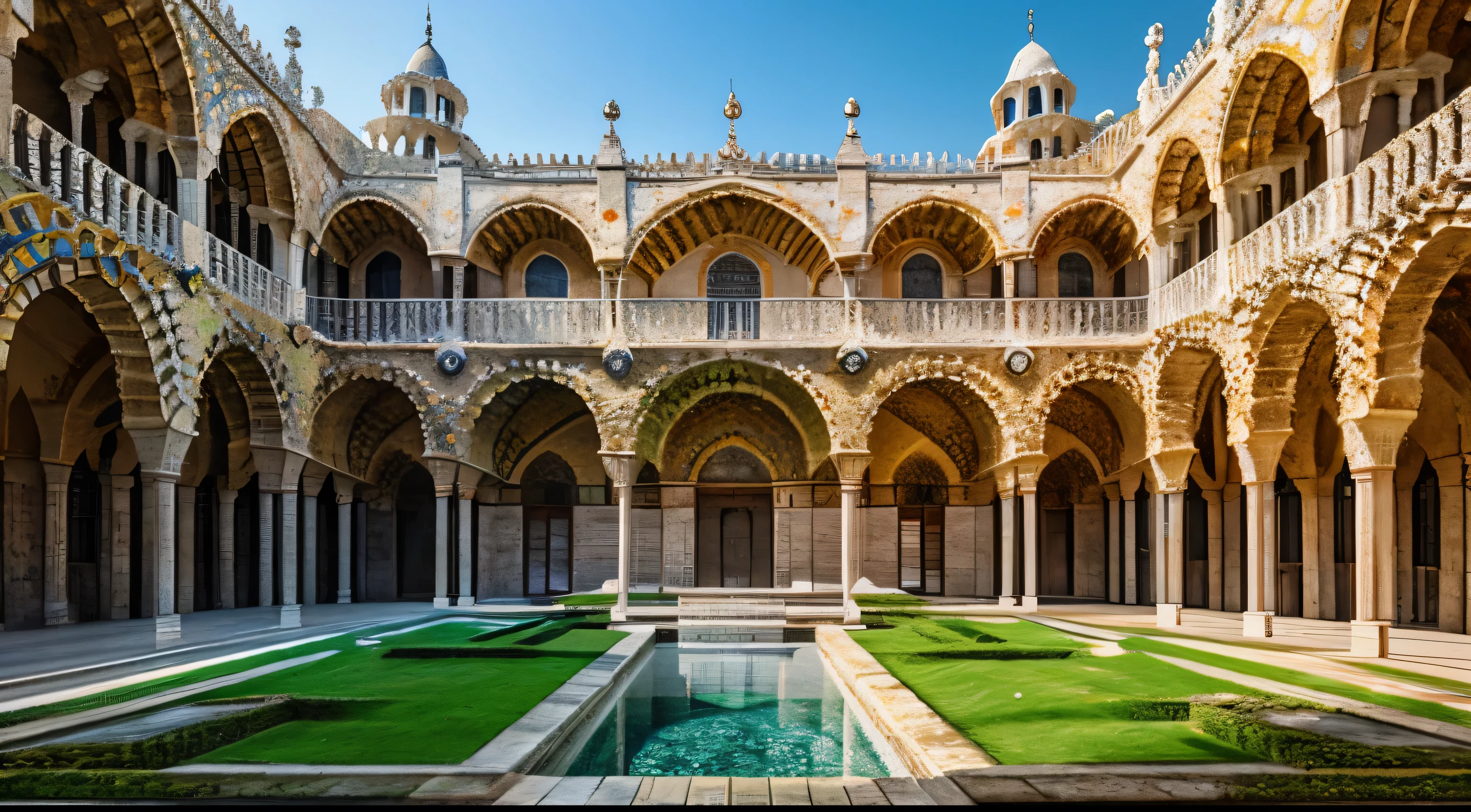 Hanging Garden, architecture, monastery, Mosque, Bright flowers. Spanish spanish tunisian architecture, Dynamic Range,By Antoni Gaudi and Cornet, Asher Brown Durand. --test --h 384