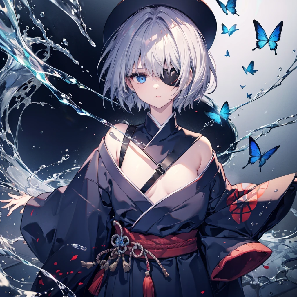 (((1 person Put on an eye patch Gray Hair))) ((High resolution short hair Black kimono Red point Shoulder Rin々Funny face knifeを構える)) ((Black Band samurai Lonely despair blue eyes Close-up)) ((Blue Butterfly night Japanese style old Shining Aura garden water surface Catch the wind)) (dance 日本knife knife Slashing) 月night moonlight star Draw your sword Shining Background Shining Edge
