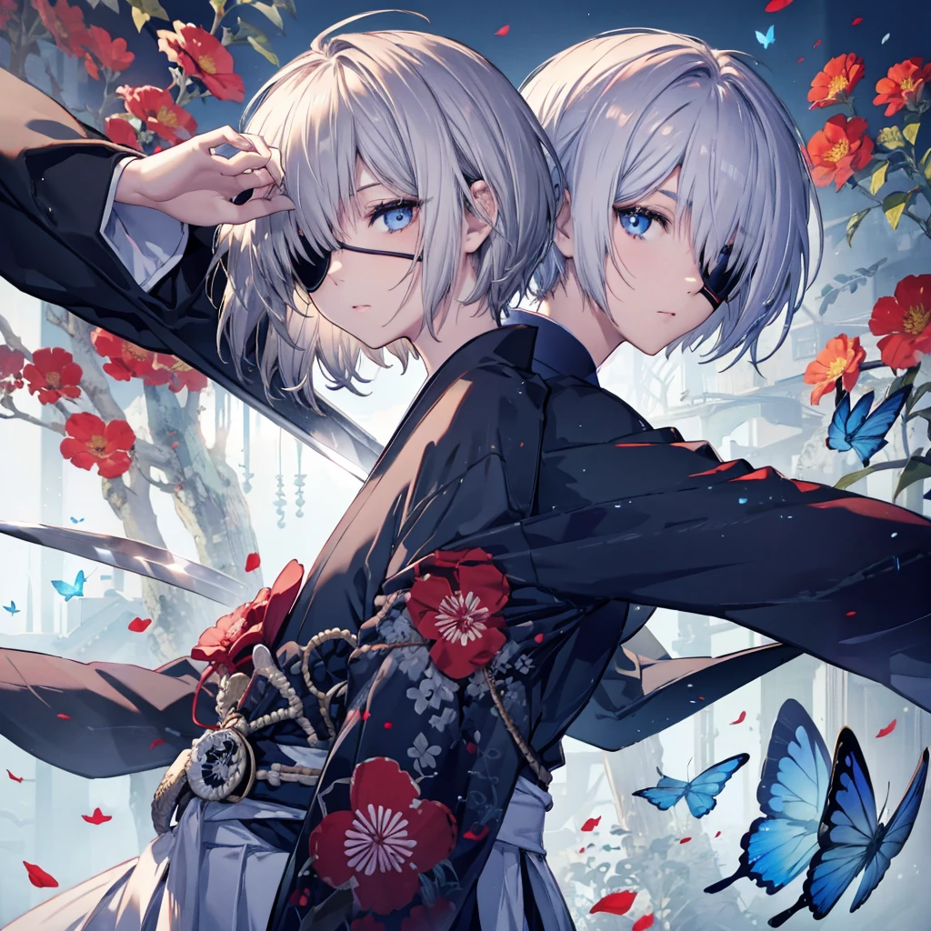 (((1 person　Put on an eye patch　Gray Hair)))　((High resolution　short hair　Black kimono　Red point　Shoulder　Rin々Funny face　knifeを構える))　((Black Band　samurai　Lonely　despair　blue eyes　Close-up))　((Blue Butterfly　night　Japanese style　old　Shining Aura　garden　water surface　Catch the wind))　(dance　日本knife　knife　Slashing)　月night　moonlight　star　Draw your sword　Shining Background　Shining Edge