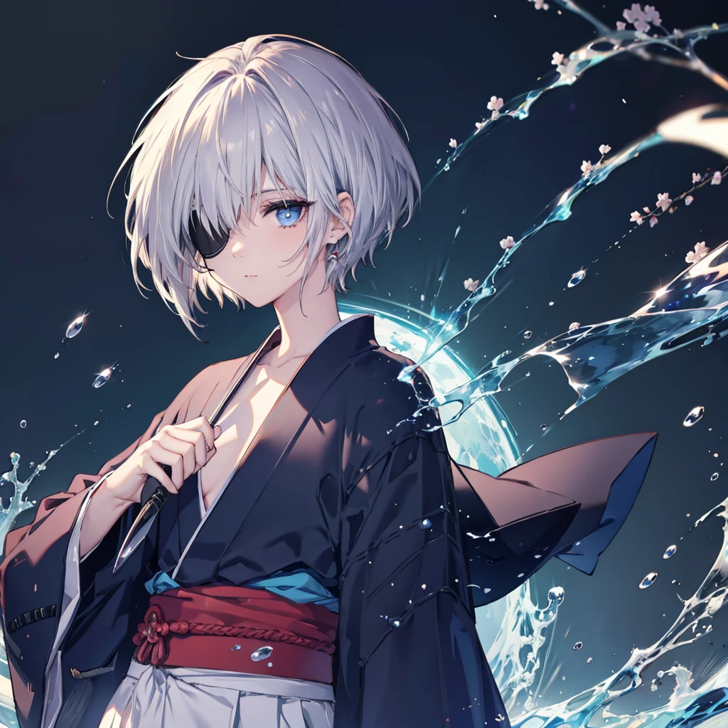 (((1 person Put on an eye patch Gray Hair))) ((High resolution short hair Black kimono Red point Shoulder Rin々Funny face knifeを構える)) ((Black Band samurai Lonely despair blue eyes Close-up)) ((Blue Butterfly night Japanese style old Shining Aura garden water surface Catch the wind)) (dance 日本knife knife Slashing) 月night moonlight star Draw your sword Shining Background Shining Edge