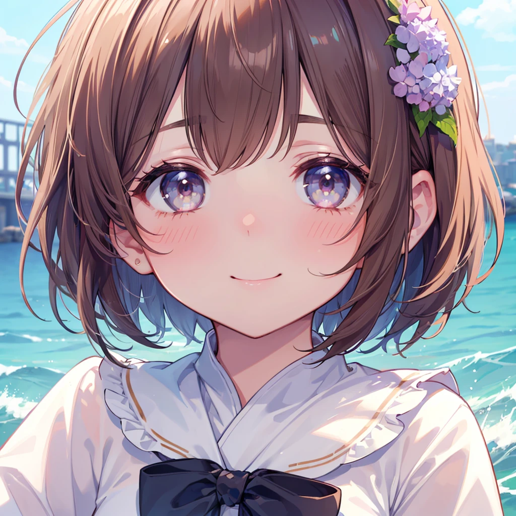 ((Best Quality、8K、masterpiece))、((One girl))、((cute))、A big smile、Blushing、Mouth open、Brown Hair、Short Bob Hair、Ultra detailed face、Ultra-detailed eyes、Ultra detailed hair、Sailor suit、hydrangea