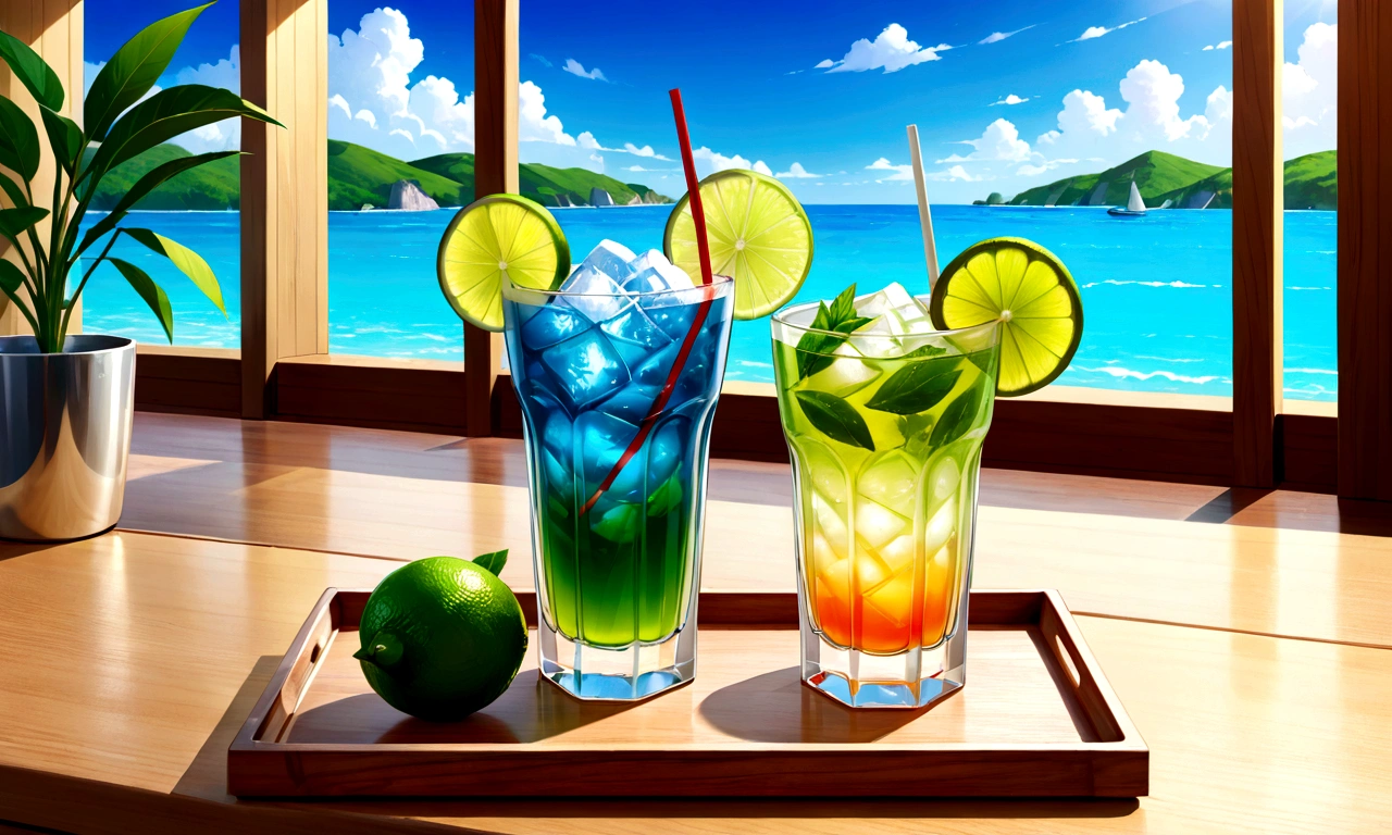 Two mojita glasses placed on a wooden tray, cold drinks, wallpaper, drink, 高画質wallpaper, Interesting background, drinking cocktail, stock, mixing drinks, drinks, seasonal, シャッターstock, wallpaper - 1 0 2 4, Beautiful high resolution, Professionally designed, Daylight Saving Time, Summer mood, High-quality images, by Elias Ravanetti, lime