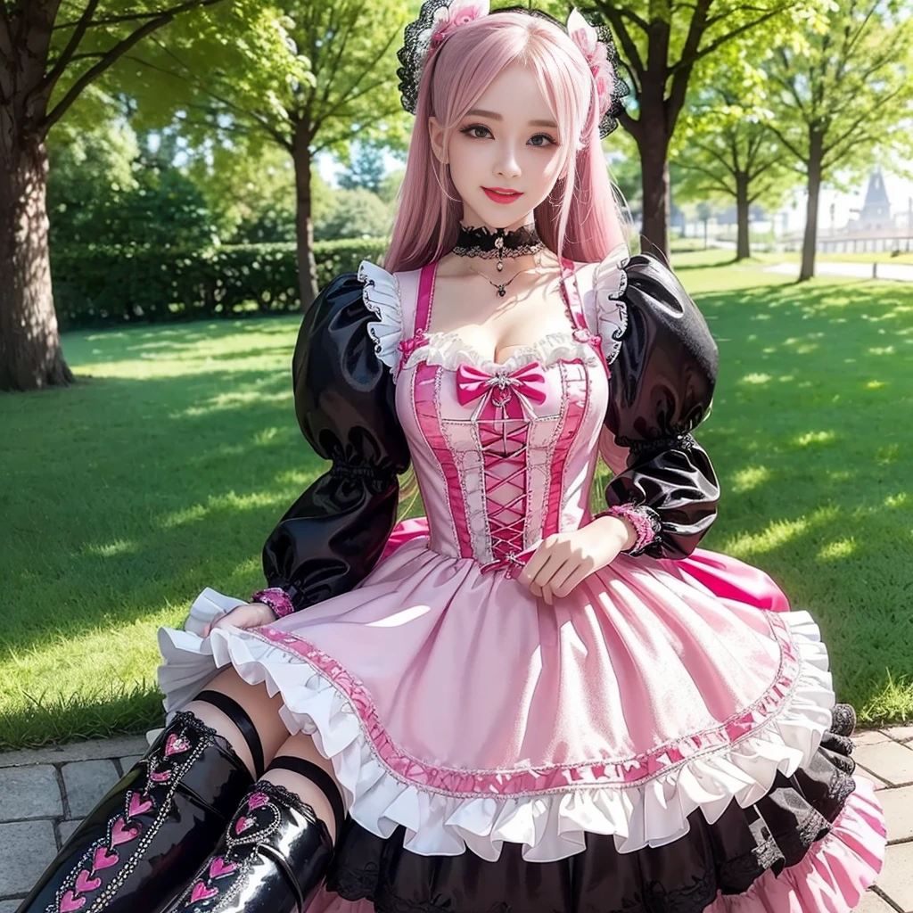 sexy stylish Russian model, only 1 female, ((doll-like appearance)), long neon pink stylish hair, ((shiny Victorian-Style boots)), (big smile), ultra detailed eyes, very detailed eye makeup, lipgloss, long lashes, defined eyebrows, ((sexy Sweet Lolita cosplay)), bell-shaped skirt, petticoats, high neckline, puffed sleeves, ((ultra detailed lace)), ((ultra detailed embroidery)), intricate details, animals, fairy tales, heart-shaped bag, Sweet Lolita accessoires, large bow, Sweet Lolita choker, ((large sparkling Sweet Lolita jewelry)), cinematic light, detailed large park background with trees