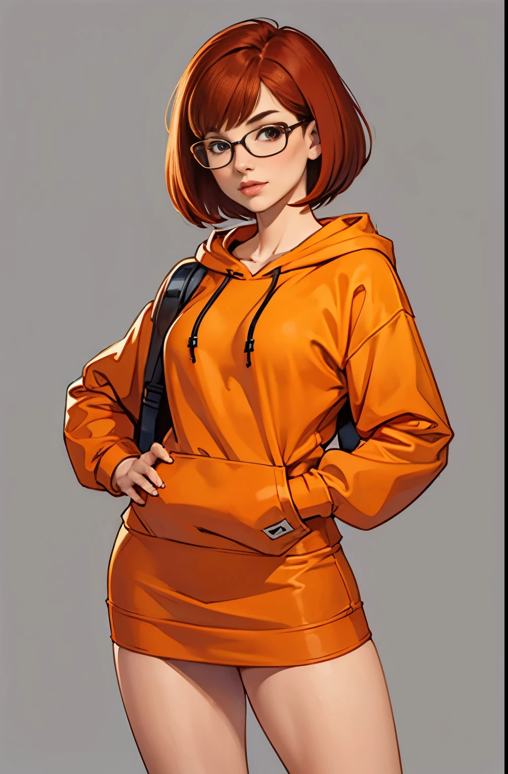 girl, hot, portrait, small breasts, slim, short red hair, bangs, glasses, velma dinkley, warm, soft or colored lips, big orange hoodie, mini skirt, simple background, plain colors, perfect hands, perfect anatomy, sexy