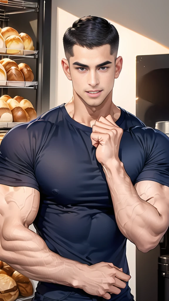 (handsome Man),(crew cut short hair:1.8), (man and woman hugging and kissing: 1.5), (man and woman: 1.5), smile, (A man wears a navy blue short-sleeved round neck t-shirt.: 1.3), Navy cargo pants, Korean guy , korean men, (High gloss details), chest muscles, large arm muscles, blood vessel, Big muscles, Broad shoulders, looking at the audience, Balancing the eyes, smile, Close your eyes, open your mouth., (Close your eyes, open your mouth. : 1.3) , ,(genital very long big : 1.8), (Big testicles), (Erection of the penis: 1.1), (How: 1.8) ,(naked woman: 1.9), Make love, fucking, sex, lust,  (, In front of the bread shop: 1.3) ,