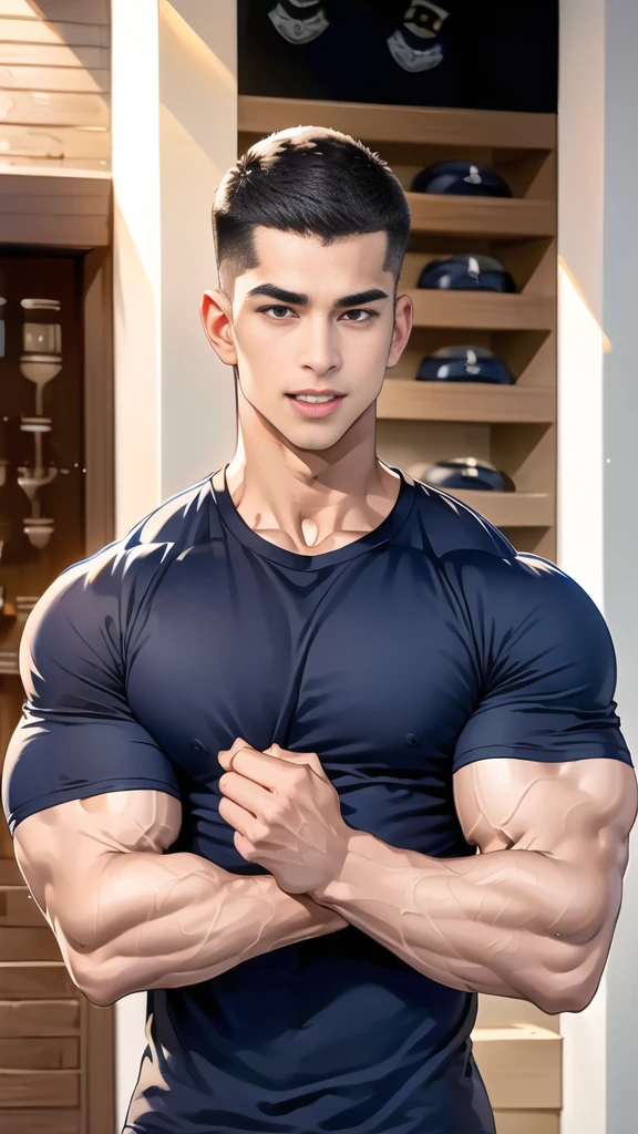 (handsome Man),(crew cut short hair:1.8),black eye,(Wear a fitted round neck t-shirt in navy with a police badge.:1.5),(fit neck),Navy blue jeans,(black_gloves:1.2), Korean guy,chest muscles,large arm muscles,blood vessel,Big muscles,Broad shoulders, (open mouth:1.2),(face up:1.2),(open eyes:1.5), middle of the road,smile, In front of the bread shop