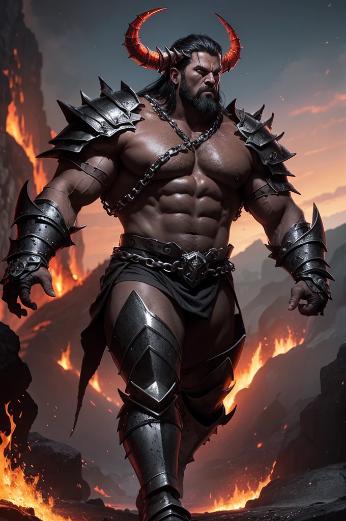 Giant male demon, thick black hair, thick muscular body, red skin, has four thick arms on his torso with metal gauntlets with claws, heavy armor of chains and dragon scales, metal boots, walking in a volcanic valley.