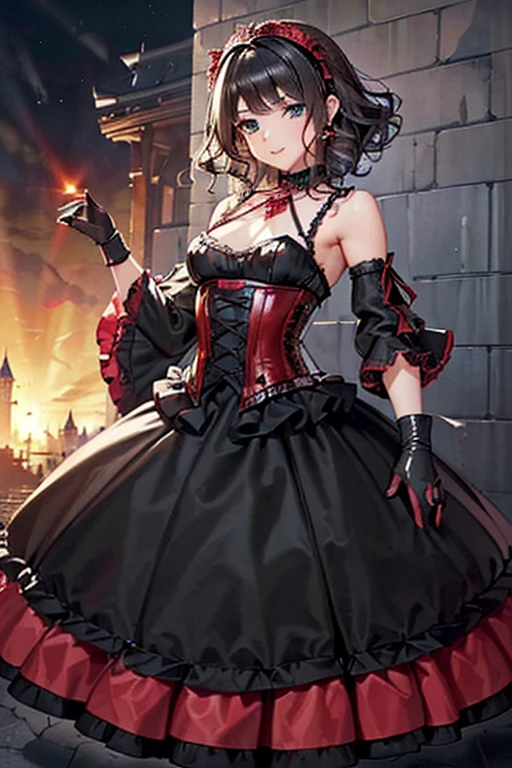 #Basics A girl is posing for a photo, animeのかわいい女の子, (((One Girl, Baby Face, Young girl, 16 years old))), 
BREAK 

#Clothing Accessories 
((Red on black)Quinceañera(Long skirt dress):1.6) + ((Red on black)Corset:1.6), (Sheer black elbow gloves:1.8 + Black ruffle sleeves:1.6), (Gothic:1.6), Black High Heels:1.4 
((large silver necklace, Silver Tiara, Large headband, Gothic柄の傘)), 
BREAK 

#Features 
(((Black Hair:1.6)), Bangs that expose the forehead:1.4, Chest-length sideburns:1.4 + Curly hair:1.4, (Short Hair : Curly Hair + Curled up + Plump and voluminous)), 
(Droopy eyes,blue eyes), (Small breasts), 
BREAK 

#expression 
(smile, 楽しいexpression), 
#background environment 
((noon, Sunshine + Castles in a fantasy world:1.4, Ready your sword:1.4)), 
#composition 
((To the camera:1.4, Dynamic Pose:1.4, Cowboy Shot:1.4)), 
BREAK 

#Body parts elements 
(Detailed hair, Beautiful Hair, Shiny Hair), 
(double eyelid, Long eyelashes), 
(Expression of fine eyes, Beautiful and delicate eyes, Sparkling eyes, Eye Reflexes), 
(Human Ear), 
(Beautiful Nose, Thin Nose), 
(Glossy lips, Beautiful Lips, Thick lips), (Symmetrical facial features), 
(Detailed skin, Textured skin, Beautiful Skin), 
BREAK 

#Quality 
(((Highest quality)), ((masterpiece)), ((Very detailed))), ((High resolution), (16K,1080P)), 
(Realistic), (Anatomically correct), 
((comics, anime)), (3DCG), CG illustration,
