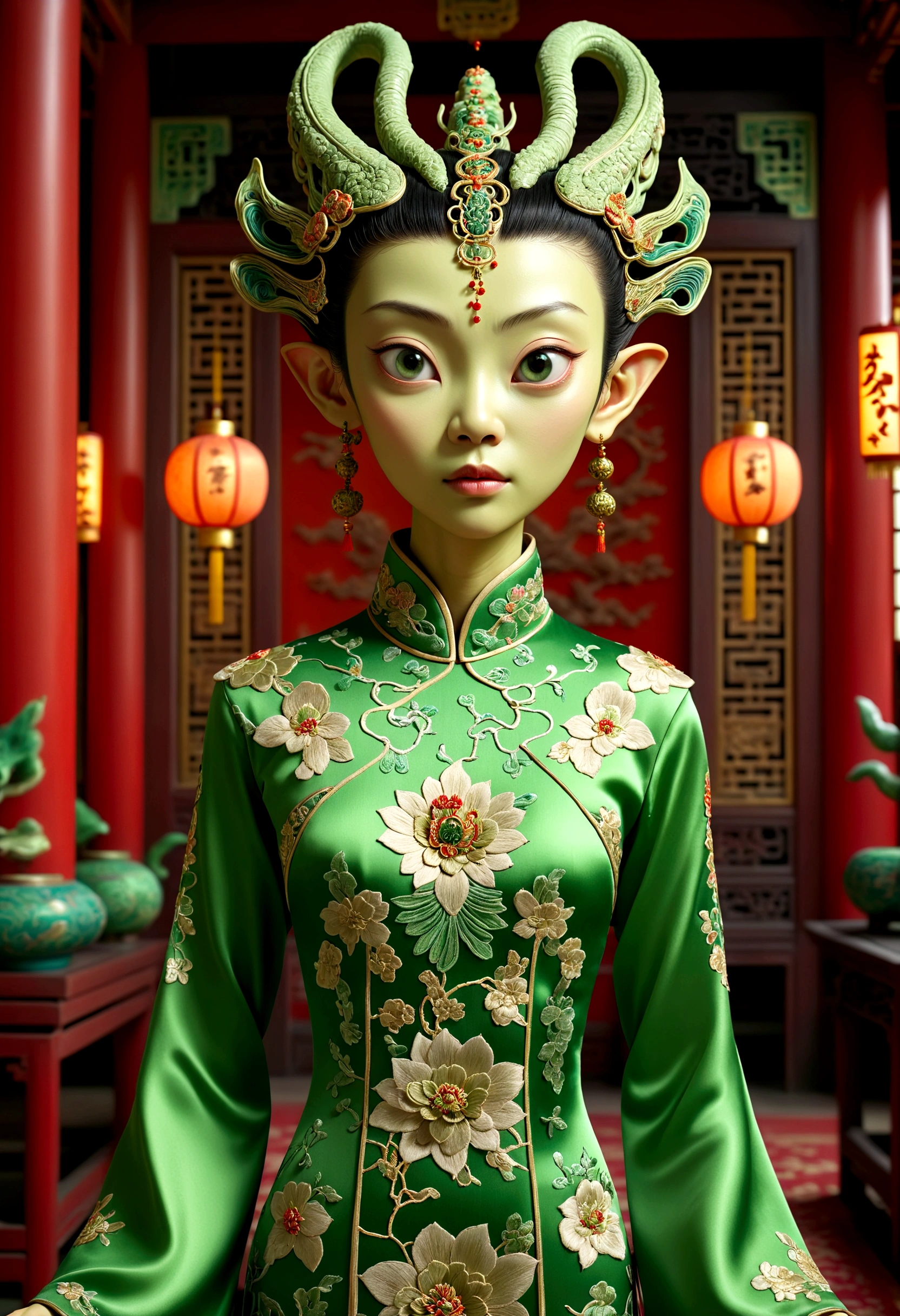 an alien creature,intricate cheongsam dress,asian royal room,green skin,barely humanoid,extremely detailed,photorealistic,ultra-detailed,masterpiece,8k,award winning art,dramatic lighting,ornate decor,ancient artifacts,opulent furnishings,silk embroidery,traditional chinese architecture