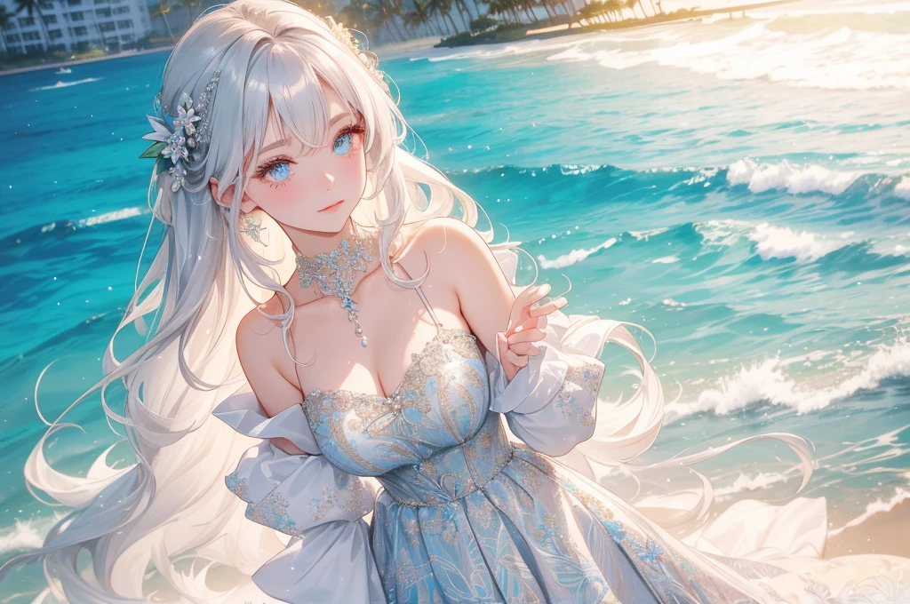 She is a beautiful woman with long silvery hair and beautiful eyes.、She is wearing an elegant and detailed Aloha dress.。The dress is、To give a luxurious and classy feel、Must have intricate designs and patterns。In the background、The morning sun reflects on the water、Romantic morning beach in Hawaii with the sun hitting the palm trees。The entire image is、Enhance the magical atmosphere by highlighting the glittering effects and rainbows.、Adding extra frills to the dress。It makes you stand out。」
