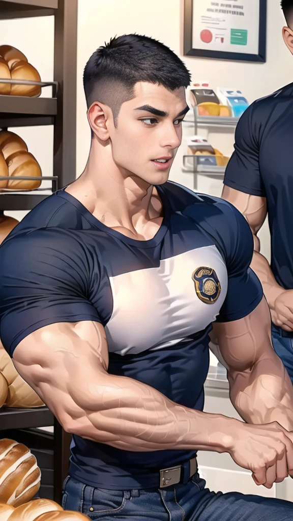 (handsome Man in table ),(crew cut short hair:1.8),black eye,(Wear a fitted round neck t-shirt in navy with a police badge.:1.5),(fit neck),Navy blue jeans,(black_gloves:1.2), Korean guy,chest muscles,large arm muscles,blood vessel,Big muscles,Broad shoulders, (open mouth:1.2),(face up:1.2),(open eyes:1.5), middle of the road,smile, In the bread shop, (bread in mount1.3)