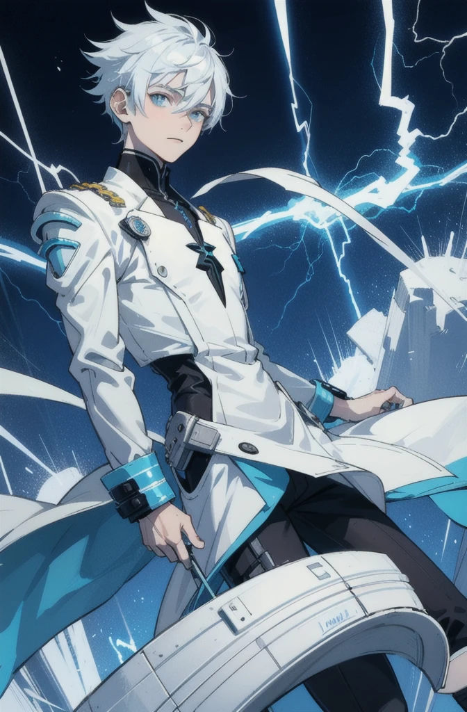A -yeld teith an albino skin tone. He is an engineer and artificer, without facial or body hair. His hair is short and straight, colored white. The boy is wearing a futuristic cyberpunk in black and blue, futuristic style clothes, adorned with white lightning patterns. He is surrounded by an aura of white lightning, with a background featuring a scenery of rapid lightning and thunder. Thunder powers.