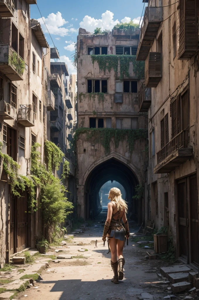 An ancient, highly advanced cityscape that has been long abandoned with nature gradually reclaiming it. A beautiful blonde barbarian woman explores it's vacant streets.