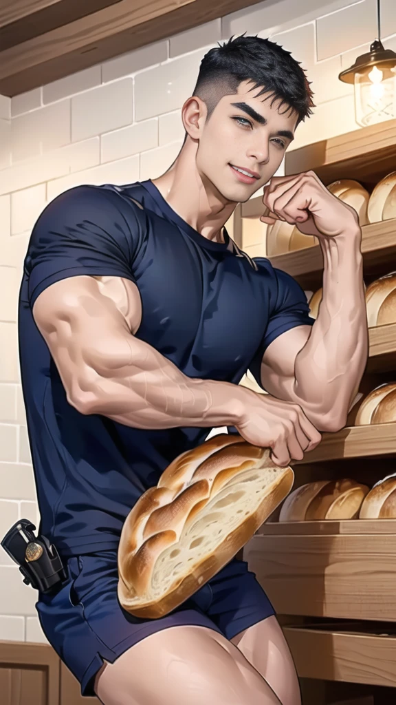 (handsome Man in table ),(crew cut short hair:1.8),black eye,(Wear a fitted round neck t-shirt in navy with a police badge.:1.5),(fit neck),Navy blue jeans,(black_gloves:1.2), Korean guy,chest muscles,large arm muscles,blood vessel,Big muscles,Broad shoulders, (open mouth:1.2),(face up:1.2),(open eyes:1.5), middle of the road,smile, In the bread shop, (bread in mount1.3)