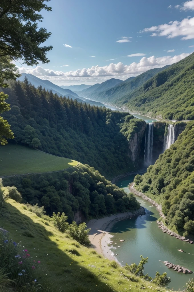 Create a realistic landscape that includes a picturesque house located near a majestic waterfall. The house must be situated on top of a cliff, overlooking a green valley. The waterfall must descend from the cliff into a river below, creating a serene and natural atmosphere. Lighting should be soft, with evening lights, highlighting the beauty of the landscape. Add details like trees around the house, wildflowers in the valley and soft clouds in the sky, to give a final touch to the scene.
