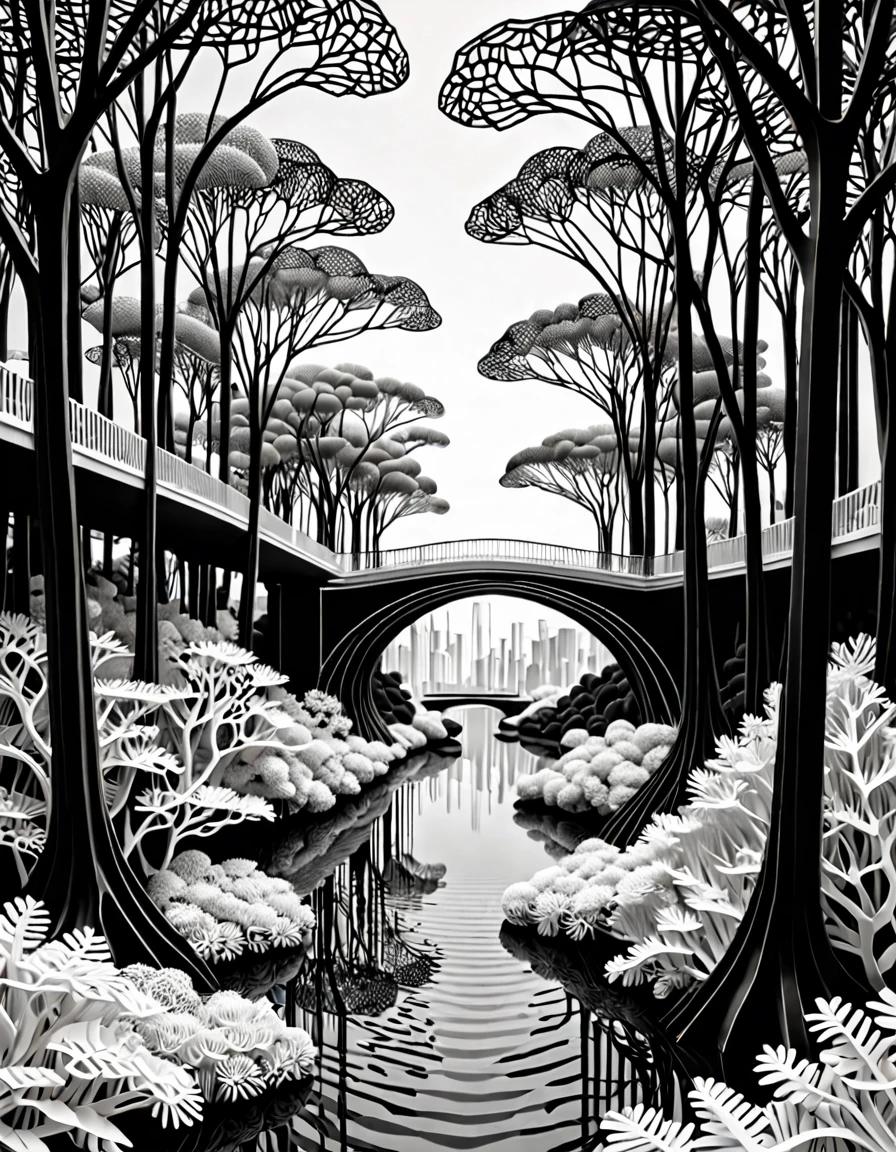 a 3d wireframe model, created using intricate white and black lines. the pattern forms a surreal three-dimensional scene of an urban forest with sea and a bridge, giving the illusion of depth. the contrast between black and white lines creates a striking visual effect, while the pattern appears to move and morph as the viewer&#39;s perspective changes. the overall ambiance of the image is mysterious and captivating, inviting the viewer to explore the depths of illusion.face.digitl art, monochrome, standing alone,   sky, Farbe ,double exposure,oil painting.
 