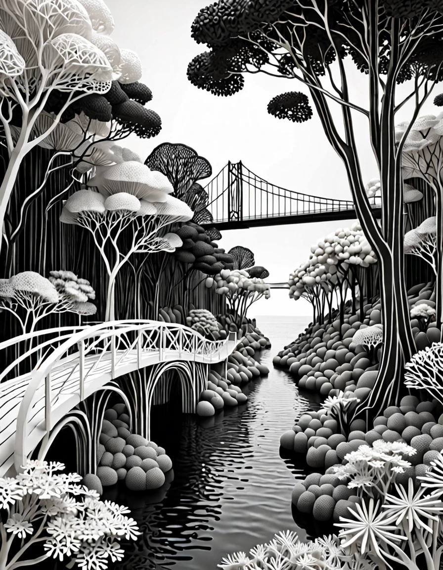 a 3d wireframe model, created using intricate white and black lines. the pattern forms a surreal three-dimensional scene of an urban forest with sea and a bridge, giving the illusion of depth. the contrast between black and white lines creates a striking visual effect, while the pattern appears to move and morph as the viewer's perspective changes. the overall ambiance of the image is mysterious and captivating, inviting the viewer to explore the depths of illusion.face.digitl art, monochrome, standing alone, sky, Farbe ,double exposure,oil painting.