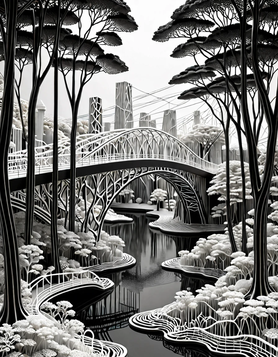 a 3d wireframe model, created using intricate white and black lines. the pattern forms a surreal three-dimensional scene of an urban forest with sea and a bridge, giving the illusion of depth. the contrast between black and white lines creates a striking visual effect, while the pattern appears to move and morph as the viewer's perspective changes. the overall ambiance of the image is mysterious and captivating, inviting the viewer to explore the depths of illusion.face.digitl art, monochrome, standing alone, sky, Farbe ,double exposure,oil painting.