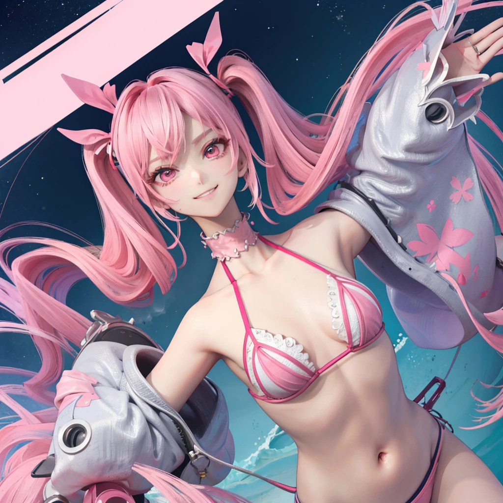 masterpiece, best quality, hyper detailed, 1girl, evil smiling, looking at viewer, 1girl, evil smiling, looking at viewer,flat chest,small breasts,pink hair,twintails,middle hair,pink eyes,with star-shaped eyes,bikini,sea,