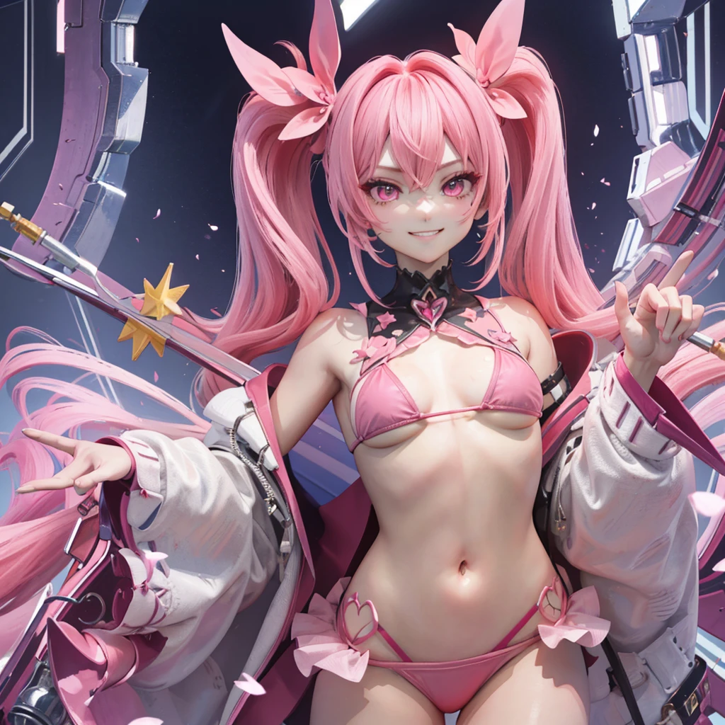 masterpiece, best quality, hyper detailed, 1girl, evil smiling, looking at viewer, 1girl, evil smiling, looking at viewer,flat chest,small breasts,pink hair,twintails,middle hair,pink eyes,with star-shaped eyes,bikini,sea,