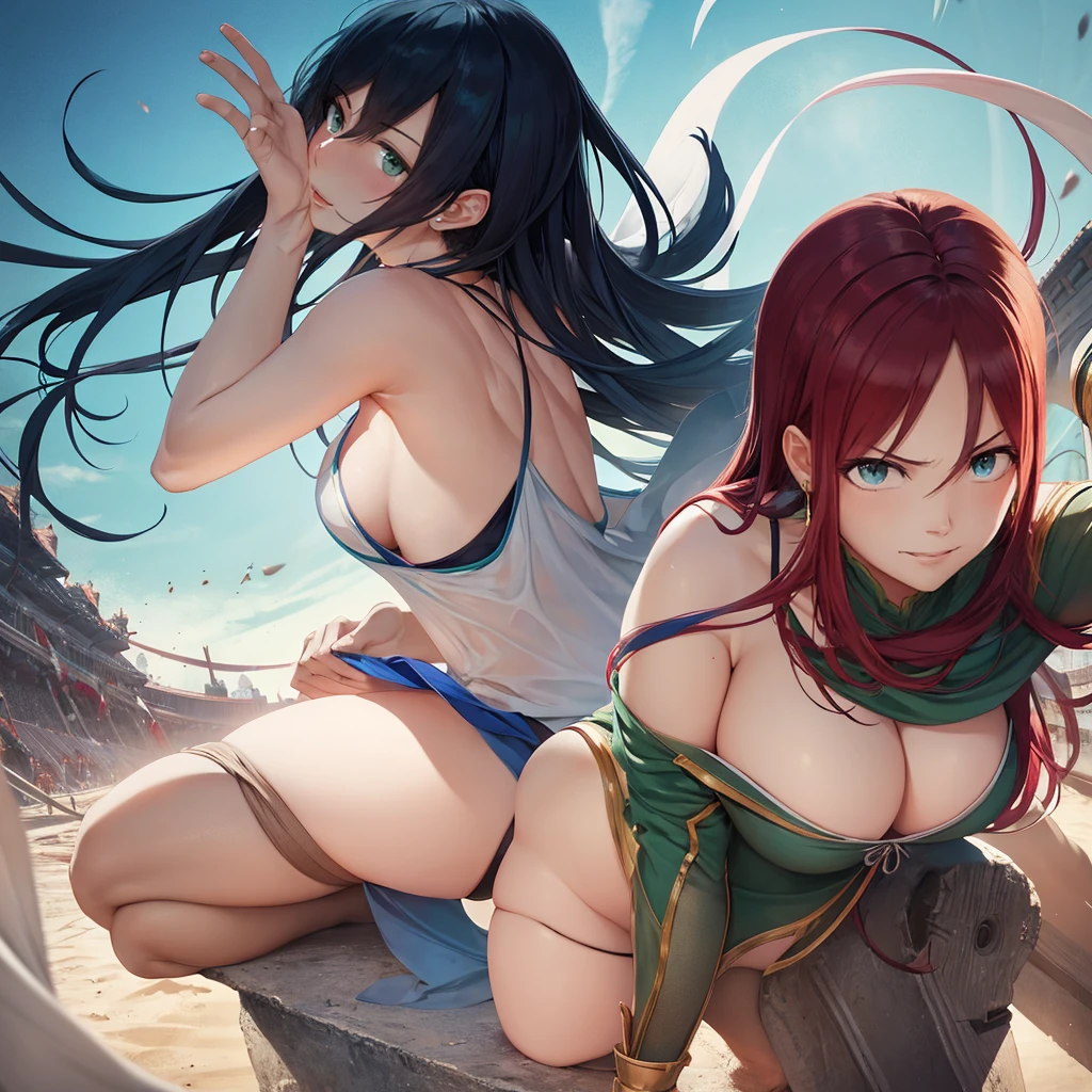 Create a sexy girl with long, flowing blue red and alluring green or amethyst eyes. Dress theme Athletic prep, currently in an Attack on Titan with Mikasa Acerman, posing a Victory sign with a smile