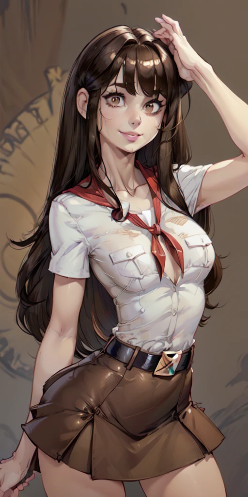 (Young girl:1.4), Very young and slim girl, Maximum height, round face, Wrinkled Nose, (Very long, messy dark brown hair:1.4), Big brown eyes, A shy smile, (Perfect flat chest:1.3), Put a band on your head、Wear fake cat ears, Pararoro, pioneer neckerchief, Blue tight micro skirt, bangs, shirt, clavicle, white shirt, Short sleeve, collared shirt, belt, neckerchief, eyelash, red neckerchief, Chest pocket