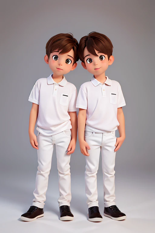 two twin boys 6 same height with brown hair and brown eyes on a white background black jeans and white polo shirt