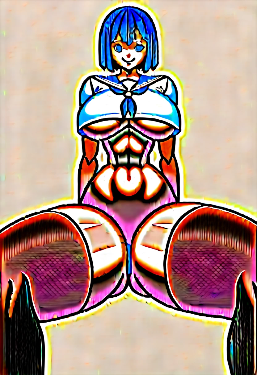 (masterpiece, best quality), front shot, 1girl, kawaii, (super big breasts:1.3), (micro waist, very long legs:1.5), Very elongated thin body, short height, scrawny, tiny cute thin face, detailed face, cute smile, Black medium hair, serafuku, shows under boob, pigeon-toed, wet sweaty, big visible ribs, sex with big fat body and black huge penis, Cowgirl position, V sign