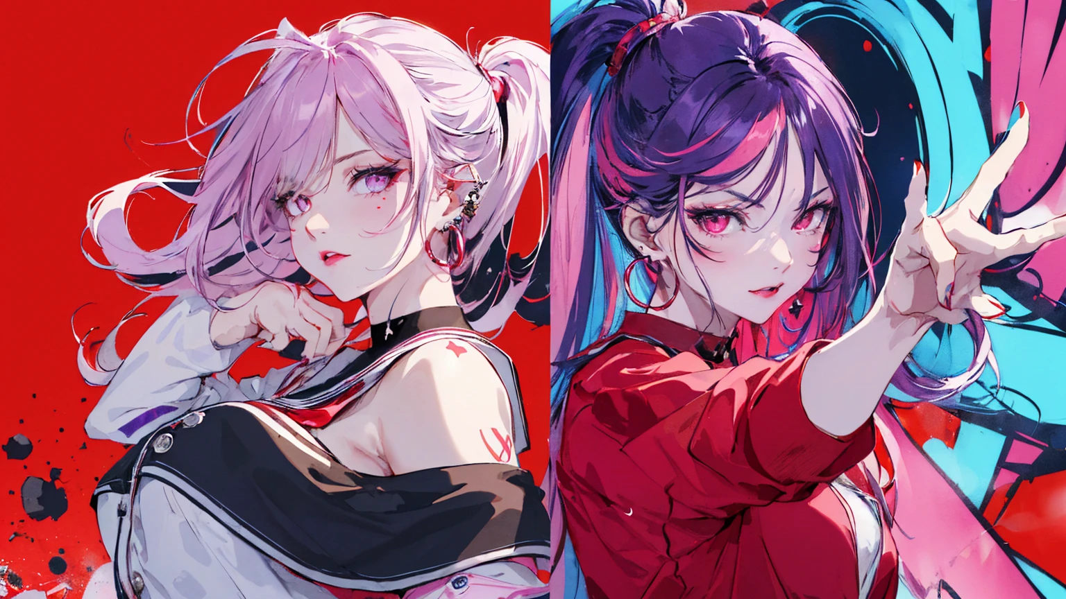 hair above one eye, Purple eyes, Clear Eyes, choker, Neon Shirt, torn legwear, open jacket、Blue pubic hair catches my eye,Bright red background、Red background, graffiti, Shineing grafiti, Shineing tattoos, Shine, Neon Light, Black light,Anime Style, movie portrait photography, 1 female, 22 years ago, Whole Body Ezbian,Big and ample breasts, anger, (Scarlet Hair), Long Hair, Purple eyes, wearing a short black dress, (Natural skin texture vivid details, Surreal, (Realistic eyes, Natural skin texture, Realistic facial details), Soft and dramatic lighting, Written boundary depth, Bokeh, vivid details, Surreal, 35mm movie, Absent-minded, movie,lipstick, ear piercing, eye shadow, Hoop Earrings, red pink lips, multicolored red eyes, Red background,Beautiful Eyes,Bold Pose、Strike a Pose,upper ponytail,drooping bangs,Droopy eyes、((school uniform))、high school girl
