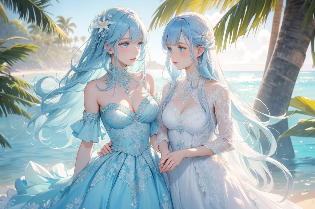 ((Highest quality)),(Ultra-high resolution),A dress with a flared skirt made of deep blue roses,Highly detailed CG Unity 8k wallpaper, , Earrings, Blue hair, Curly Hair, Blunt bangs, Straight bangs, Blue eyes, White skin, Gal, Improve、Her flat chest is hidden by her dress、Reduce exposure