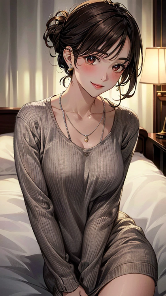 (masterpiece:1.3, Highest quality, Ultra-high resolution, Super detailed), (Realistic, photoRealistic:1.4), Beautiful illustrations, Perfect lighting, colorful, Depth of written boundary, Beautiful detailed hair, Beautifully detailed face, Beautiful fine details, Droopy eyes、Beautiful clavicle, Beautiful body, 美しいLarge Breasts, Beautiful thighs, Beautiful feet, Beautiful fingers, View Viewer、Front view:0.6, Beauty1人, Japanese, Beauty、30 years old, Perfect Face, (Perfect Anatomy, Anatomically correct), Cute and symmetrical face, , , Shiny skin, (Knit A-line dress:1.4) 、(Dark brown hair, Updo Hair:1.4), braided bangs、Dark brown eyes, Large Breasts, Slim body, necklace, Small earrings:1.1, (Beautiful views),(night),( A luxury hotel room),Sexy pose on the bed、 A soft smile、(Smile, Lips parted),