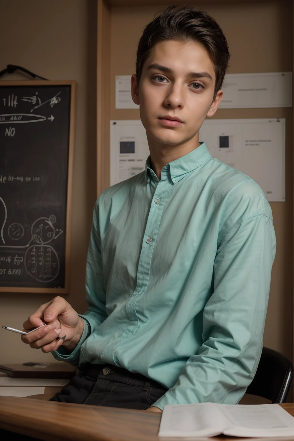 A beautiful young twink, cute male, with black hair and a face with makeup. He is wearing a long-sleeved aquamarine shirt and black jeans. He is in his luxurious scientific office, and behind him is a blackboard with neurons and calculus written on it, and he looks in amazement and shock with his eyes beneath it.  Dark circles, and he has a red face with makeup on as he sits in his office studying human medicine.