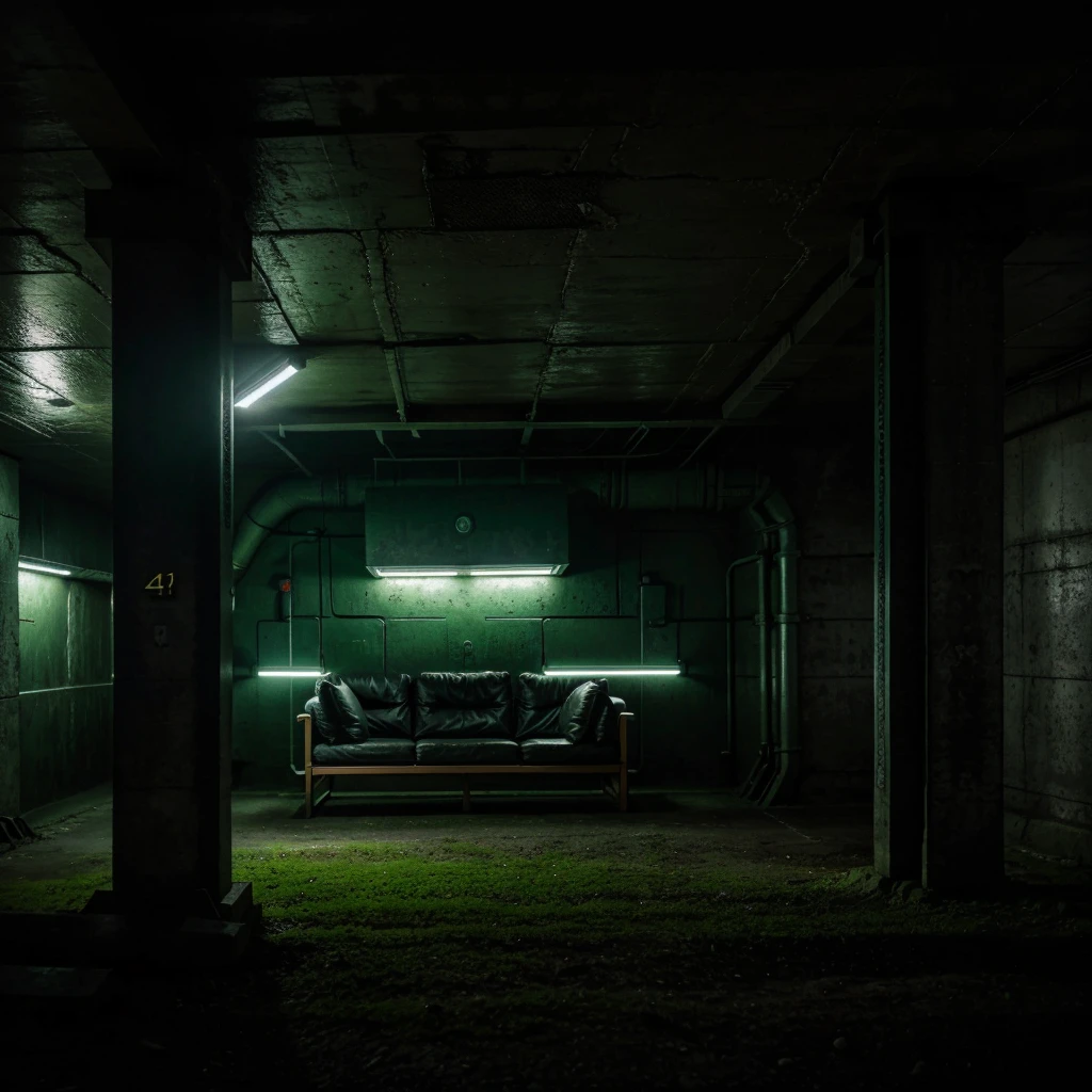 A futurist military basement in forest. Scene of a futuristic war on a sci fi planet lot of details,cloudy day, dark lights cinematic lights best quality,4k,8k,highres, t Dark and green landscapeatmosphere that conveys sadness, 8k, ultra realistic, dramatic lighting.