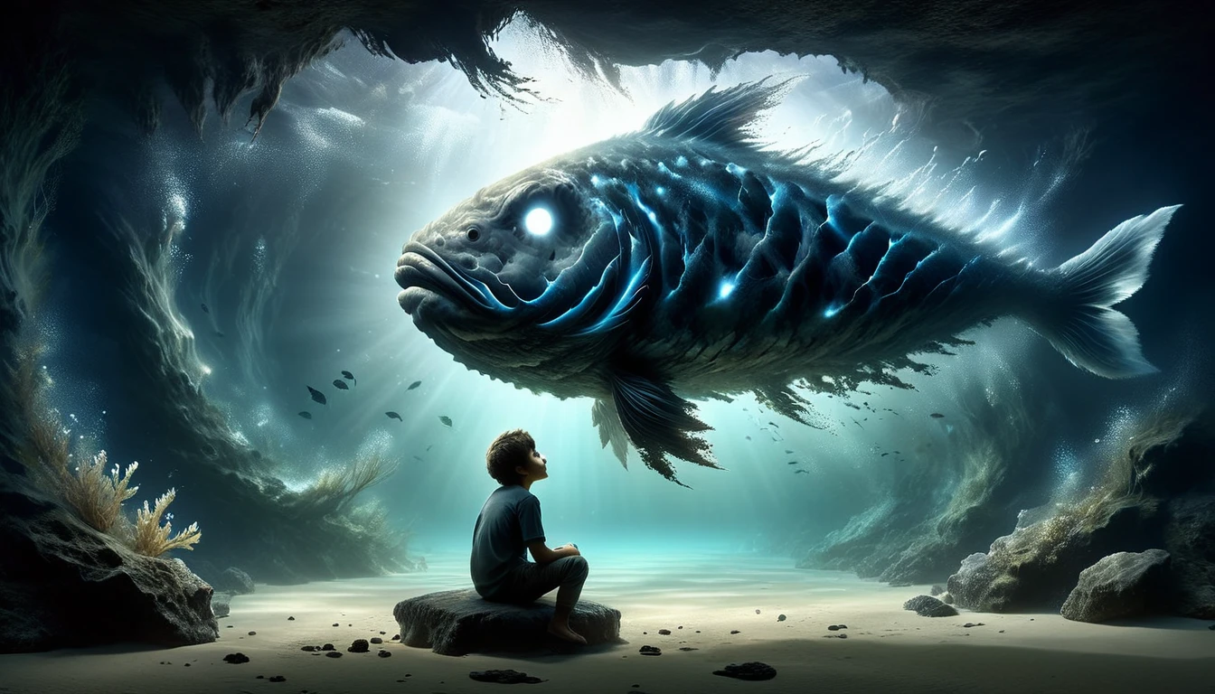 Inside the belly of the great fish, depicted as a dark, cavernous space with a dim, eerie light filtering through. The walls are textured and organic, with a slight glow from bioluminescent elements.
Subject: Jonah, alone and contemplative, sitting on the "floor" of the fish’s belly. He is surrounded by minimalistic elements like fish bones and remnants of seaweed, with a small amount of light creating a reflective mood. Jonah’s expression is a mix of fear, reflection, and repentance.
Atmosphere: Mysterious and reflective, with subdued lighting that creates a somber yet hopeful atmosphere, emphasizing Jonah’s isolation and time for introspection.