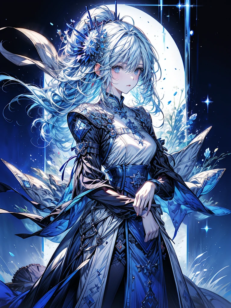 One beautiful woman、whole body、Standing posture、front、Transparent light blue hair、crystalのように輝く髪、Blue eyes that shine like jewels、Combat Uniform、Have a weapon、Slender、Slender、Highest quality、Super detailed、masterpiece、crystal、Ice and snow effect
