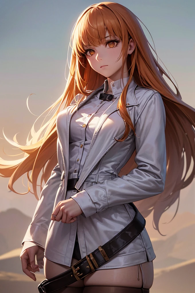 c.c., Expressionless, , (masterpiece, Highest quality, Super detailed, Best Shadow, Volumetric lighting), (Beautifully detailed face, Beautiful attention to detail), (Best lighting),, Orange eyes, Very long hair, (White straitjacket:1.4), Black belt, , (Cowboy Shot:1.3), intense angle,, mksks style, Beautiful background, Professional Lighting, Warm coloured landscape,