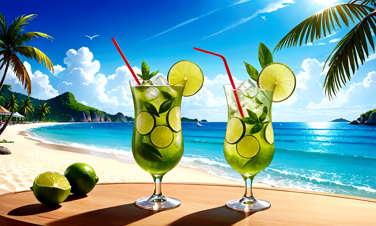 On the table is a mojita glass with lime and ice, Beach Bar, drink, cold drinks, drinking cocktail, Wallpapers – 1 0 2 4, High-resolution wallpapers, Daylight Saving Time, in a beachfront environment, mixing drinks, Great background, Perfect detail, Awesome Wallpapers, Beautiful high resolution, Summer mood, High Quality Wallpapers